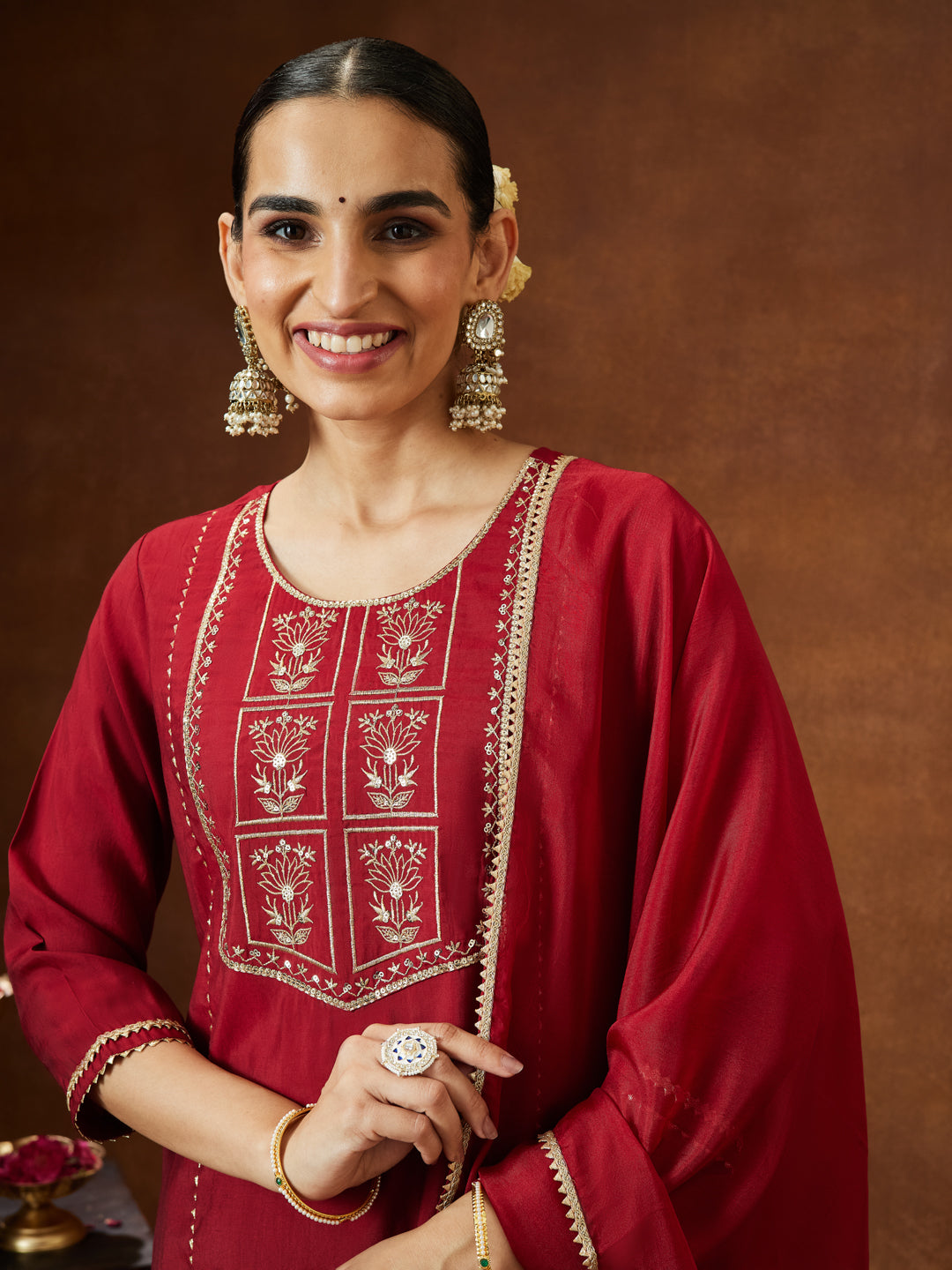 Naari By Shree Women's Maroon Chanderi Silk Zari Embroidered Straight Kurta With Palazzo & Dupatta Set