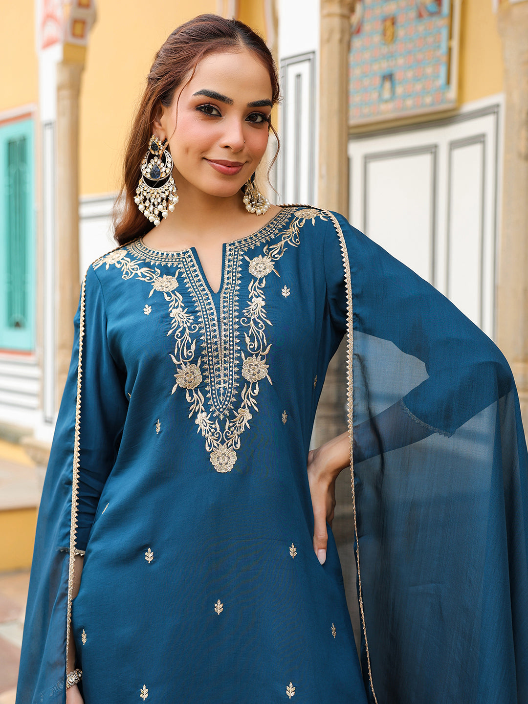 Naari By Shree Women's Teal Blue Chanderi Silk Zari Embroidered Straight Kurta With Palazzo & Dupatta Set