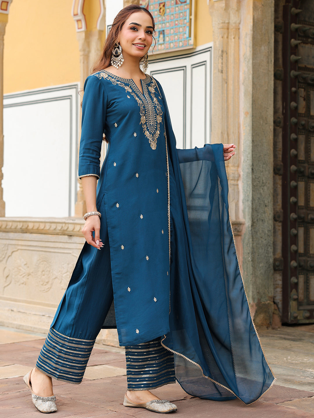 Naari By Shree Women's Teal Blue Chanderi Silk Zari Embroidered Straight Kurta With Palazzo & Dupatta Set