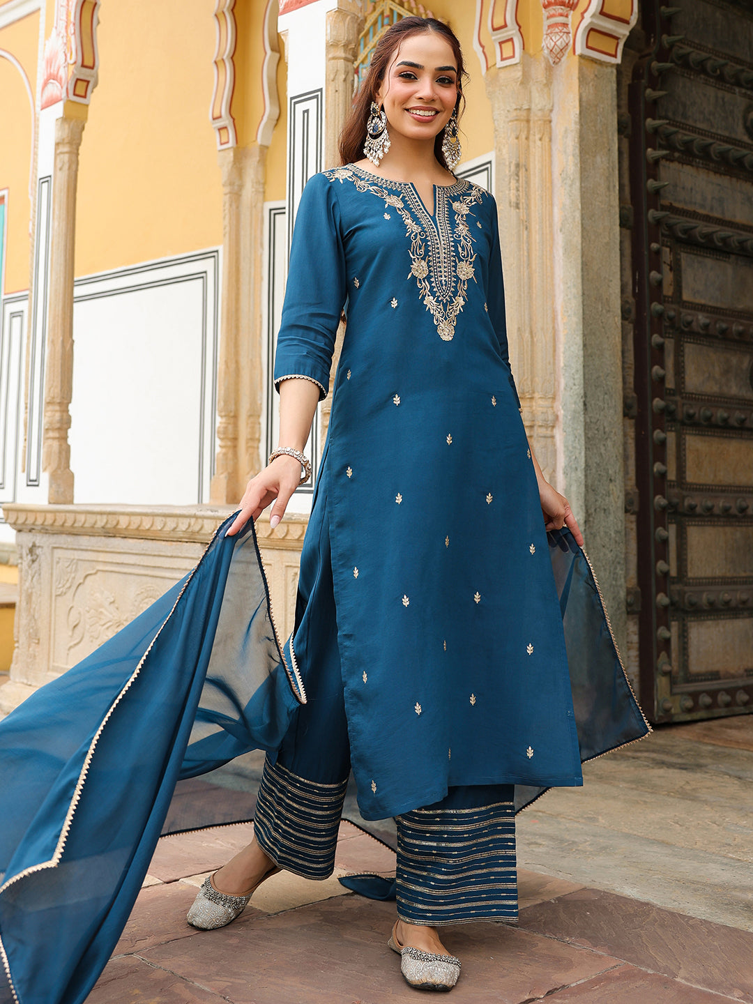 Naari By Shree Women's Teal Blue Chanderi Silk Zari Embroidered Straight Kurta With Palazzo & Dupatta Set