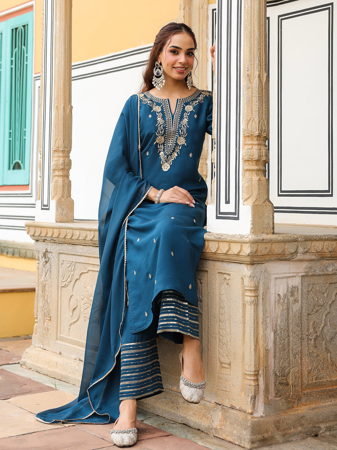 Naari By Shree Women's Teal Blue Chanderi Silk Zari Embroidered Straight Kurta With Palazzo & Dupatta Set