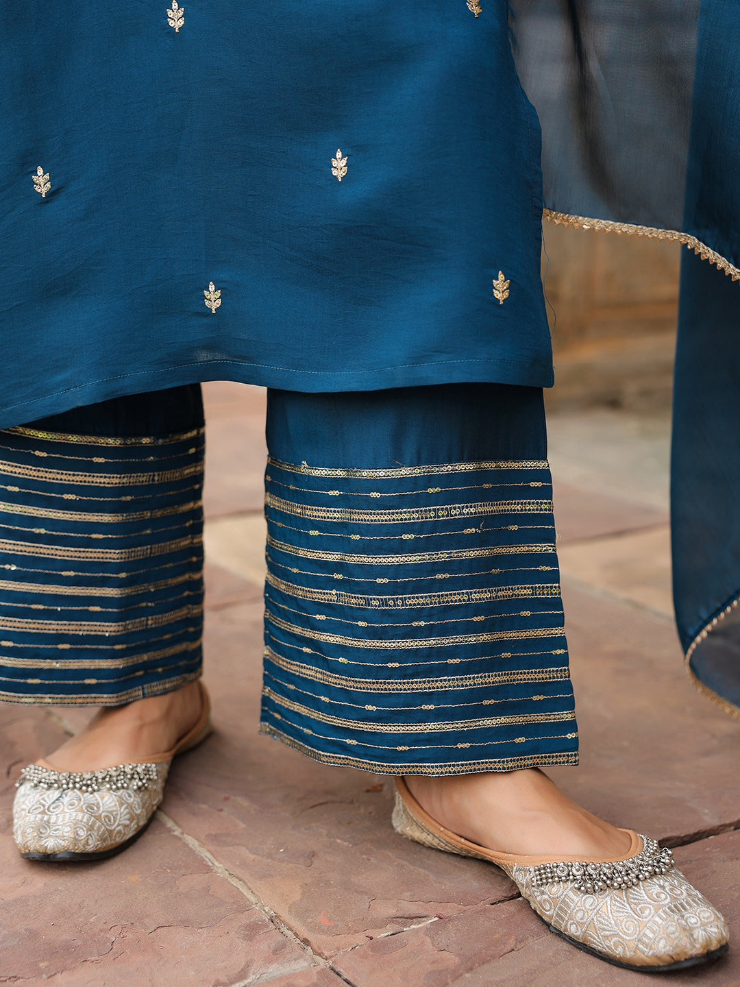 Naari By Shree Women's Teal Blue Chanderi Silk Zari Embroidered Straight Kurta With Palazzo & Dupatta Set