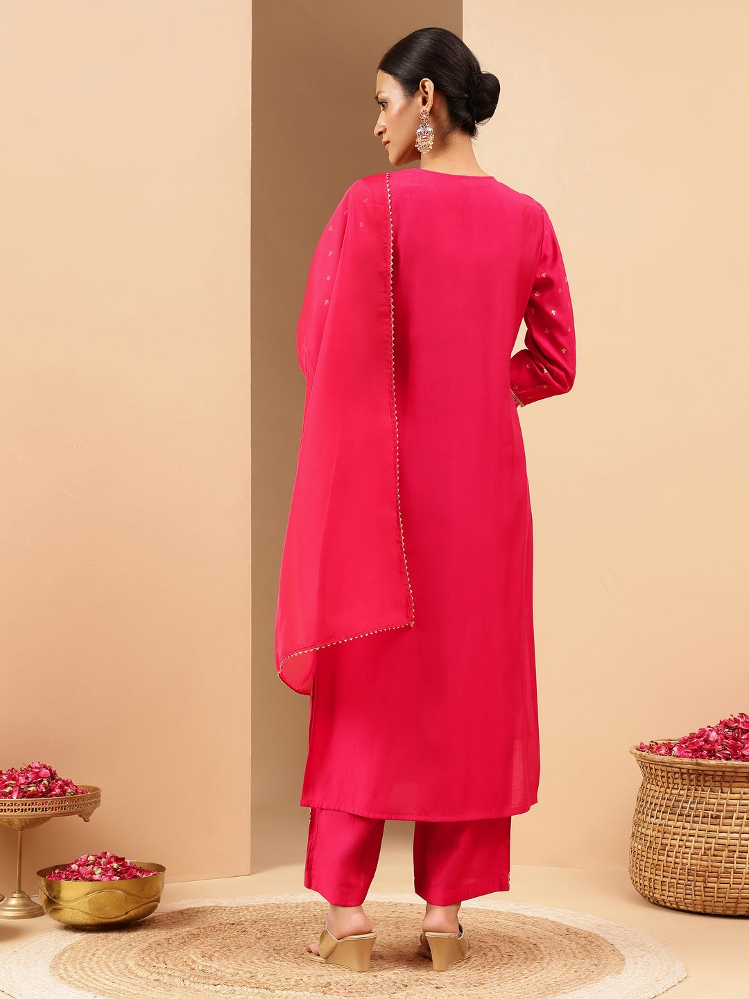 Naari By Shree Women's Pink Chanderi Silk Gold Zari Embroidered Straight Kurta With Palazzo & Dupatta Set