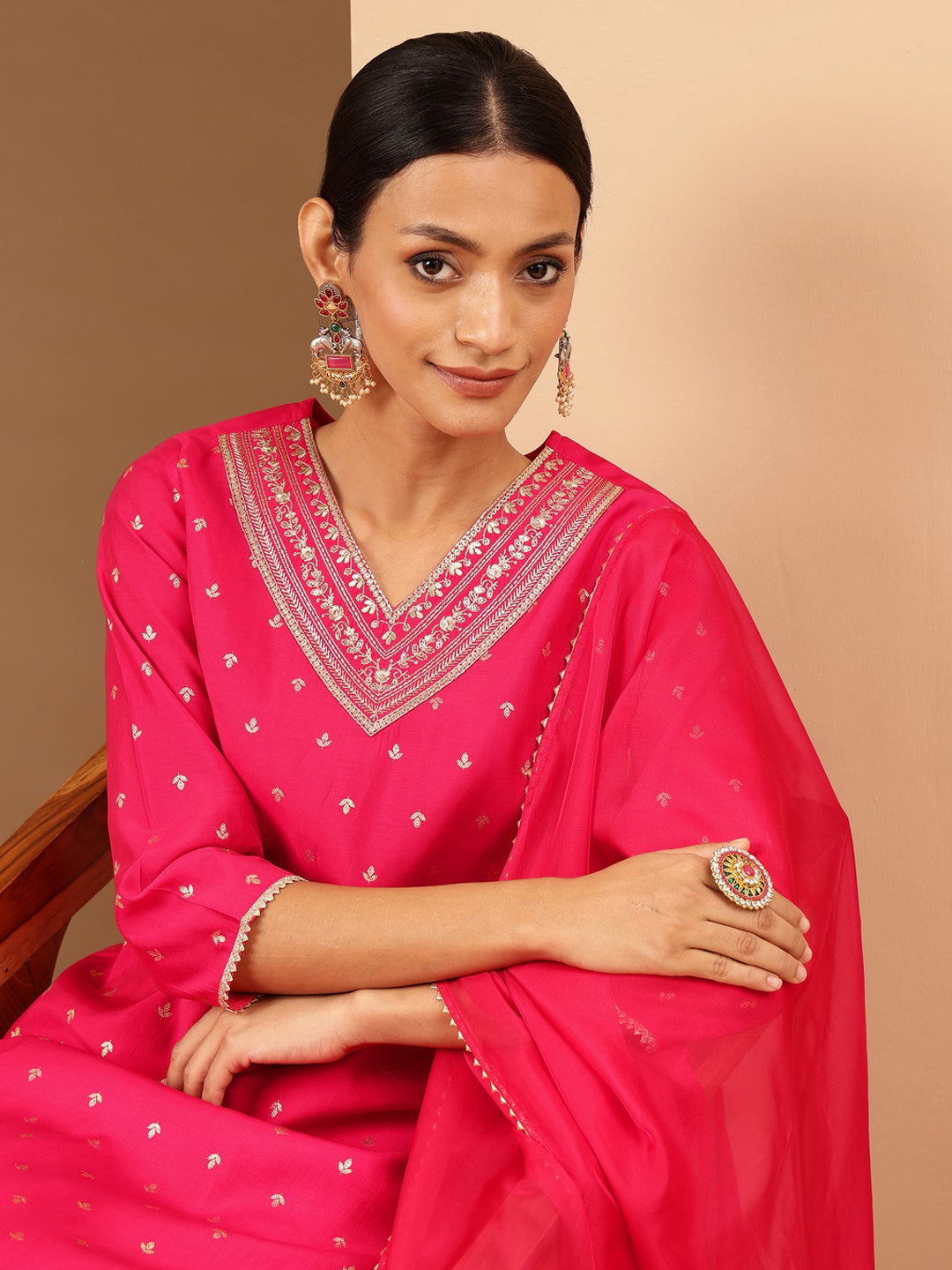 Naari By Shree Women's Pink Chanderi Silk Gold Zari Embroidered Straight Kurta With Palazzo & Dupatta Set