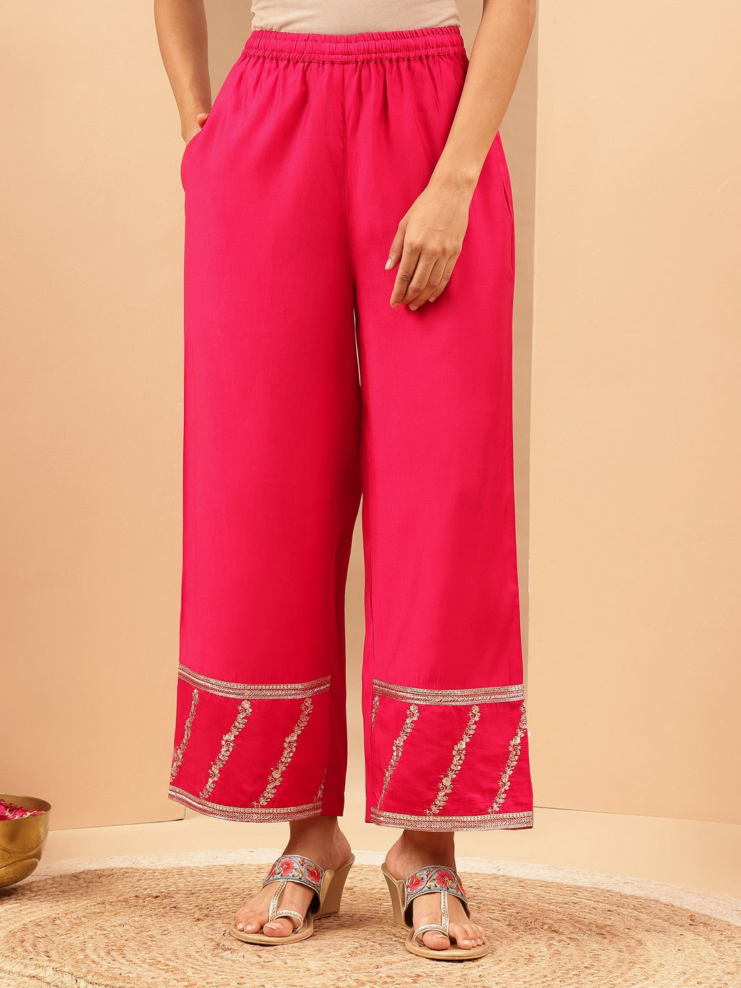 Naari By Shree Women's Pink Chanderi Silk Gold Zari Embroidered Straight Kurta With Palazzo & Dupatta Set