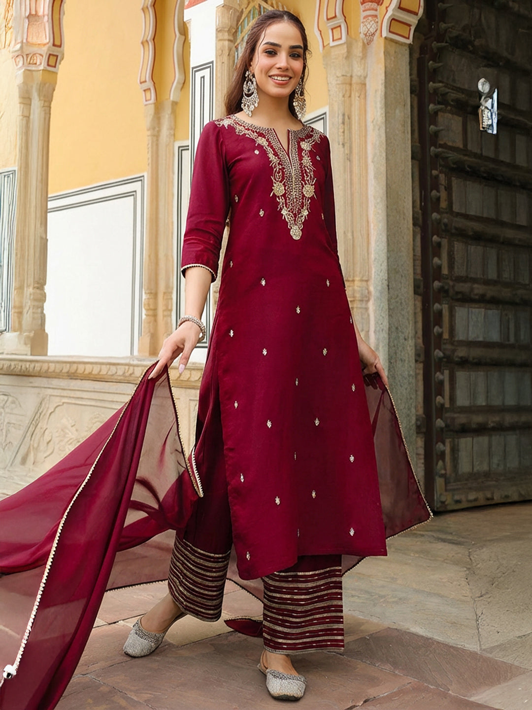 Naari By Shree Women's Maroon Chanderi Silk Zari Embroidered Straight Kurta With Palazzo & Dupatta Set