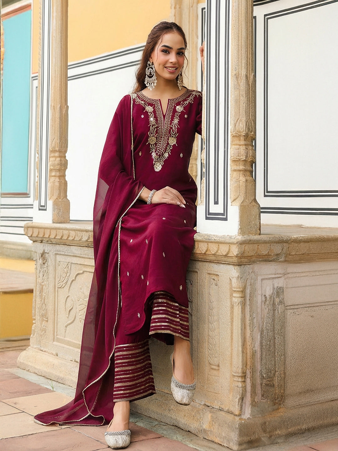 Naari By Shree Women's Maroon Chanderi Silk Zari Embroidered Straight Kurta With Palazzo & Dupatta Set