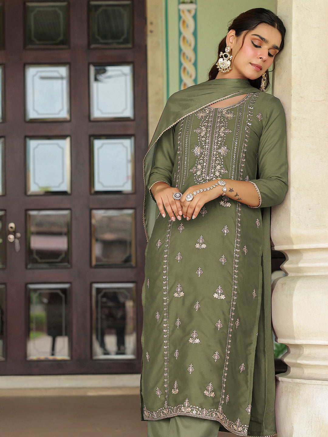 Naari By Shree Women's Sage Green Silk Blend Zari Embroidered Straight Kurta Set