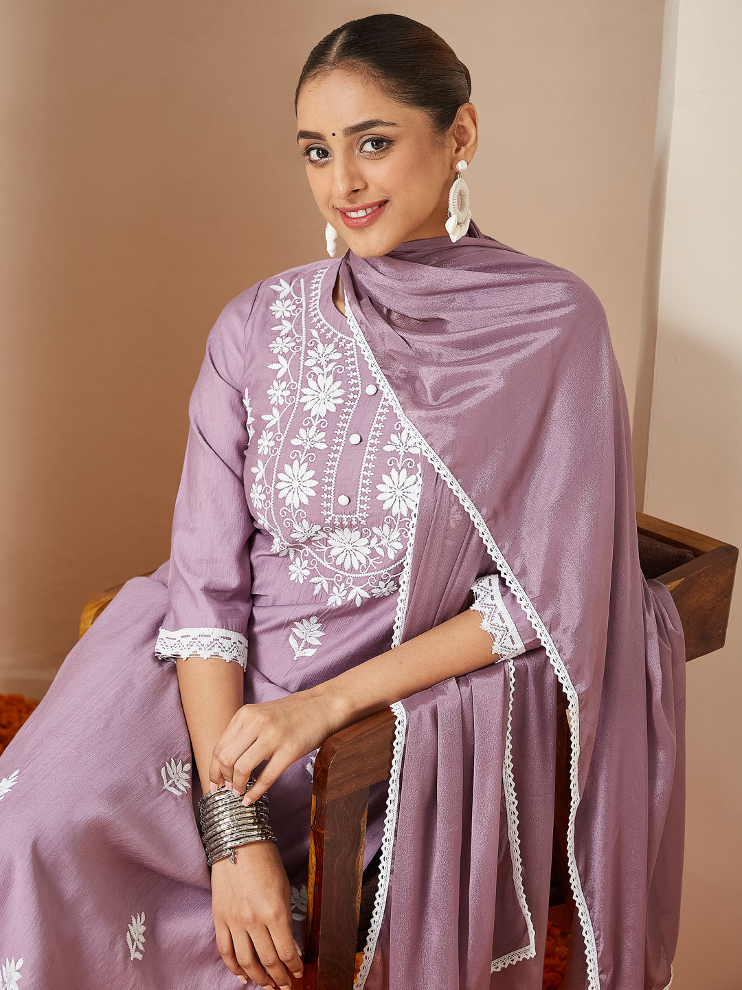 Naari By Shree Women's Lavender Silk Blend Embroidered Straight Kurta Set