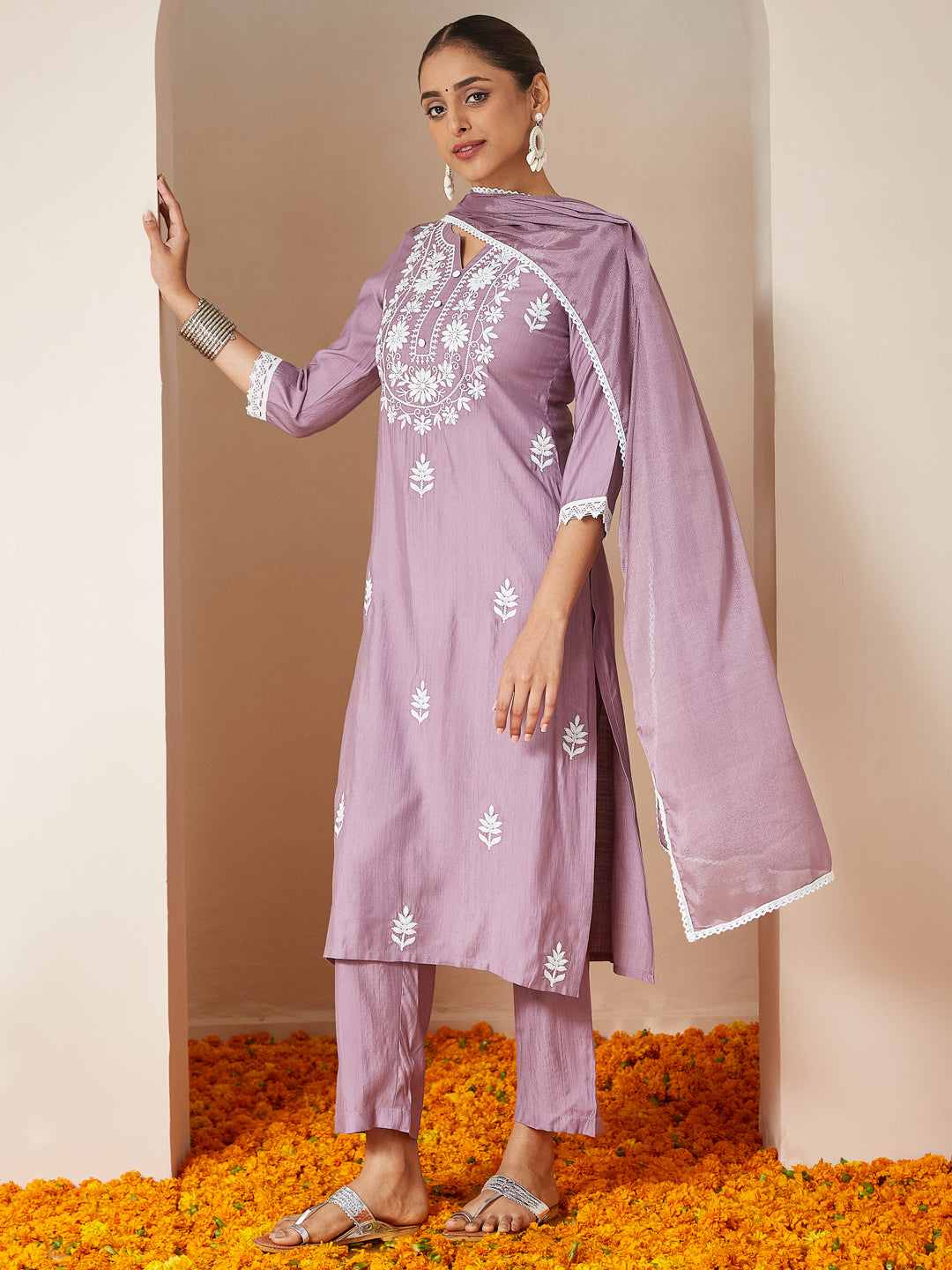 Naari By Shree Women's Lavender Silk Blend Embroidered Straight Kurta Set