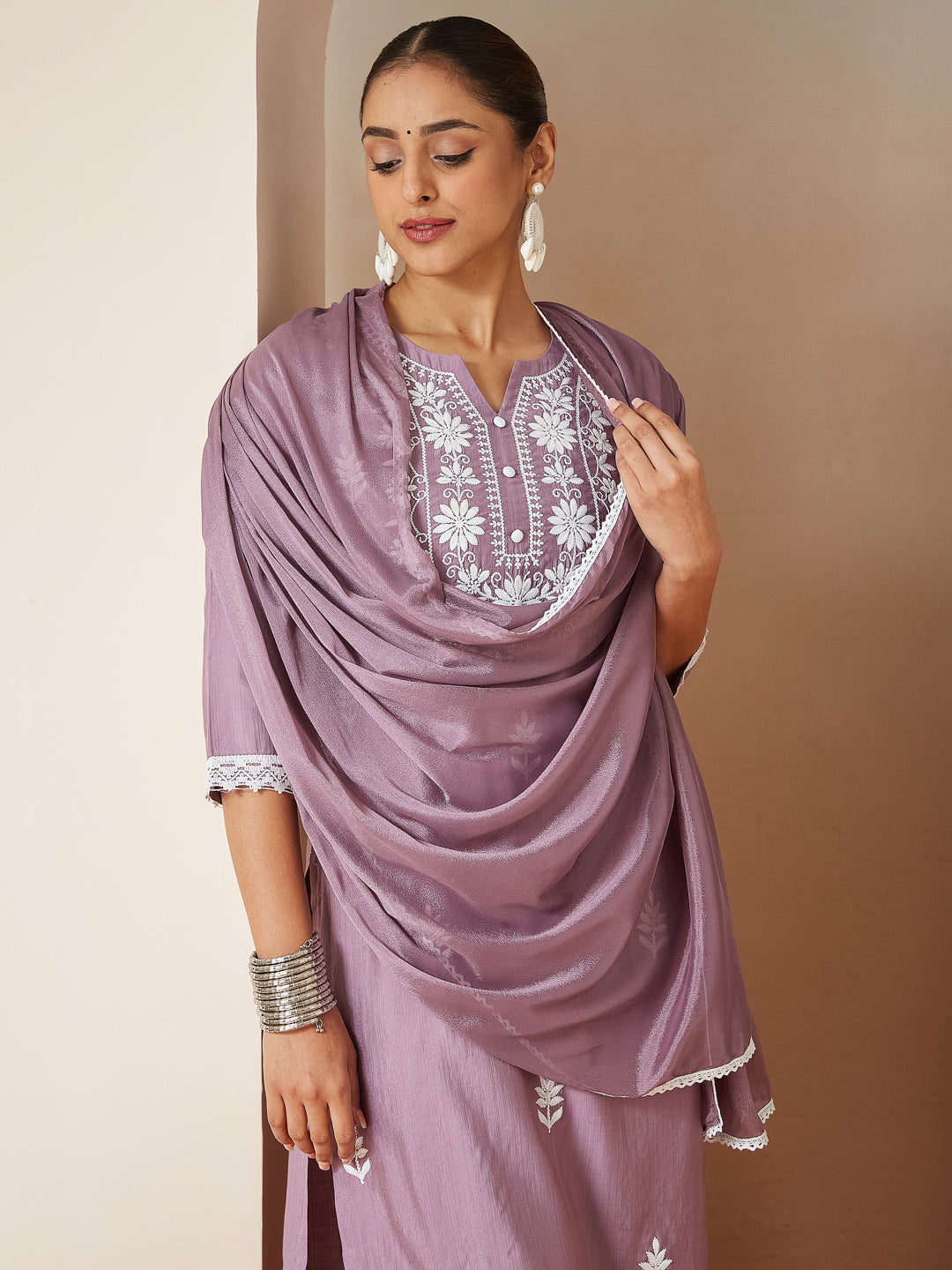Naari By Shree Women's Lavender Silk Blend Embroidered Straight Kurta Set