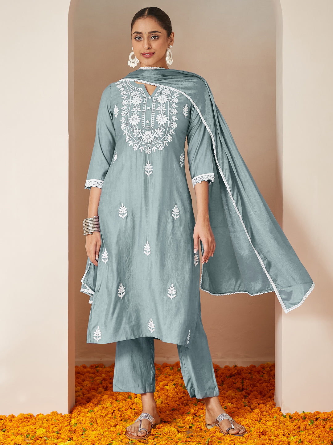 Naari By Shree Women's Powder Blue Silk Blend Embroidered Straight Kurta Set