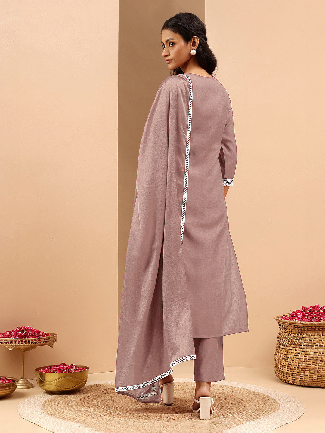 Naari By Shree Women's Brown Silk Blend Embroidered Straight Kurta Set