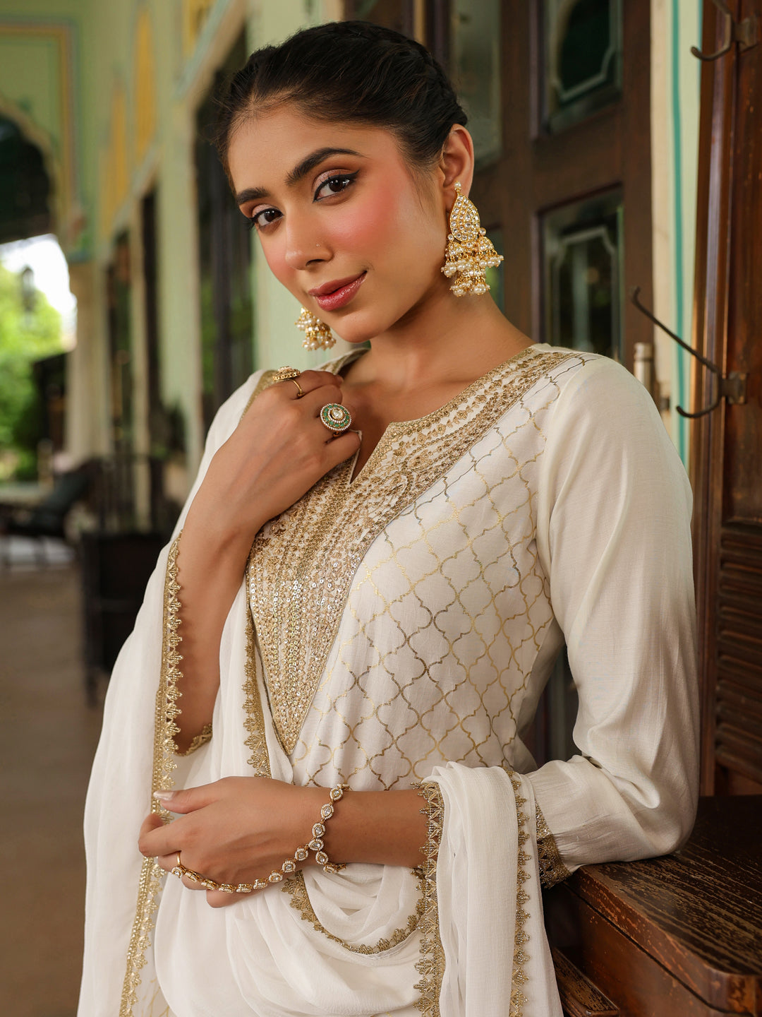 Naari By Shree Women's Off White Chanderi Silk Gold Zari Yoke Embroidered Straight Kurta Set