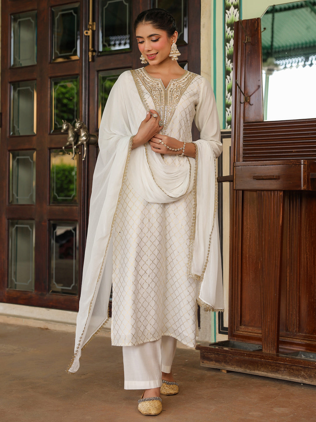 Naari By Shree Women's Off White Chanderi Silk Gold Zari Yoke Embroidered Straight Kurta Set