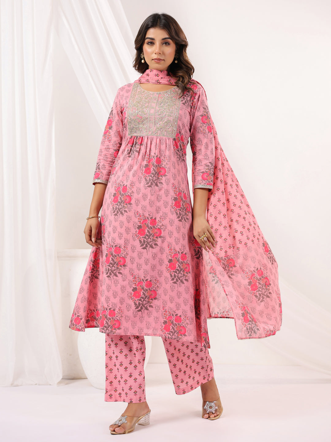 Naari By Shree Women's Pink Pure Cotton Yoke Embroidered Floral Printed Gathered Kurta Set