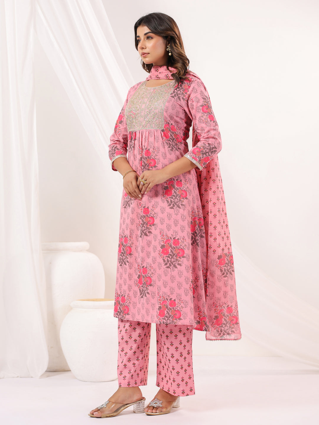 Naari By Shree Women's Pink Pure Cotton Yoke Embroidered Floral Printed Gathered Kurta Set