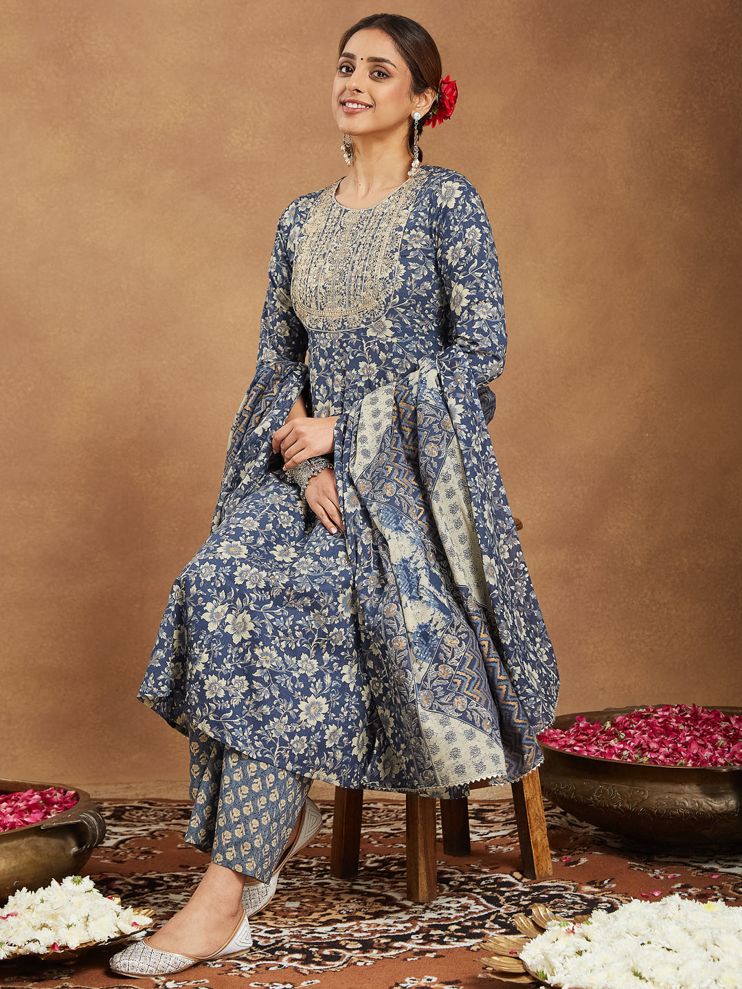 Naari By Shree Women's Blue Pure Cotton Floral Printed Anarkali Kurta Set