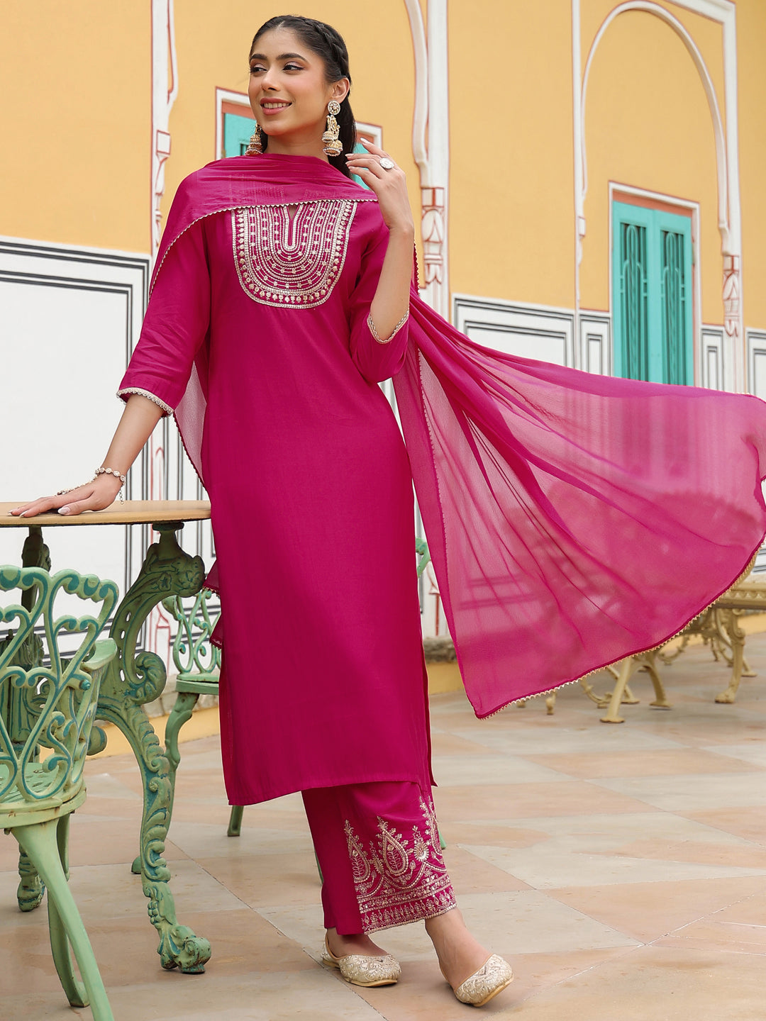 Naari By Shree Women's Pink Chanderi Silk Zari Embroidered Straight Kurta Set