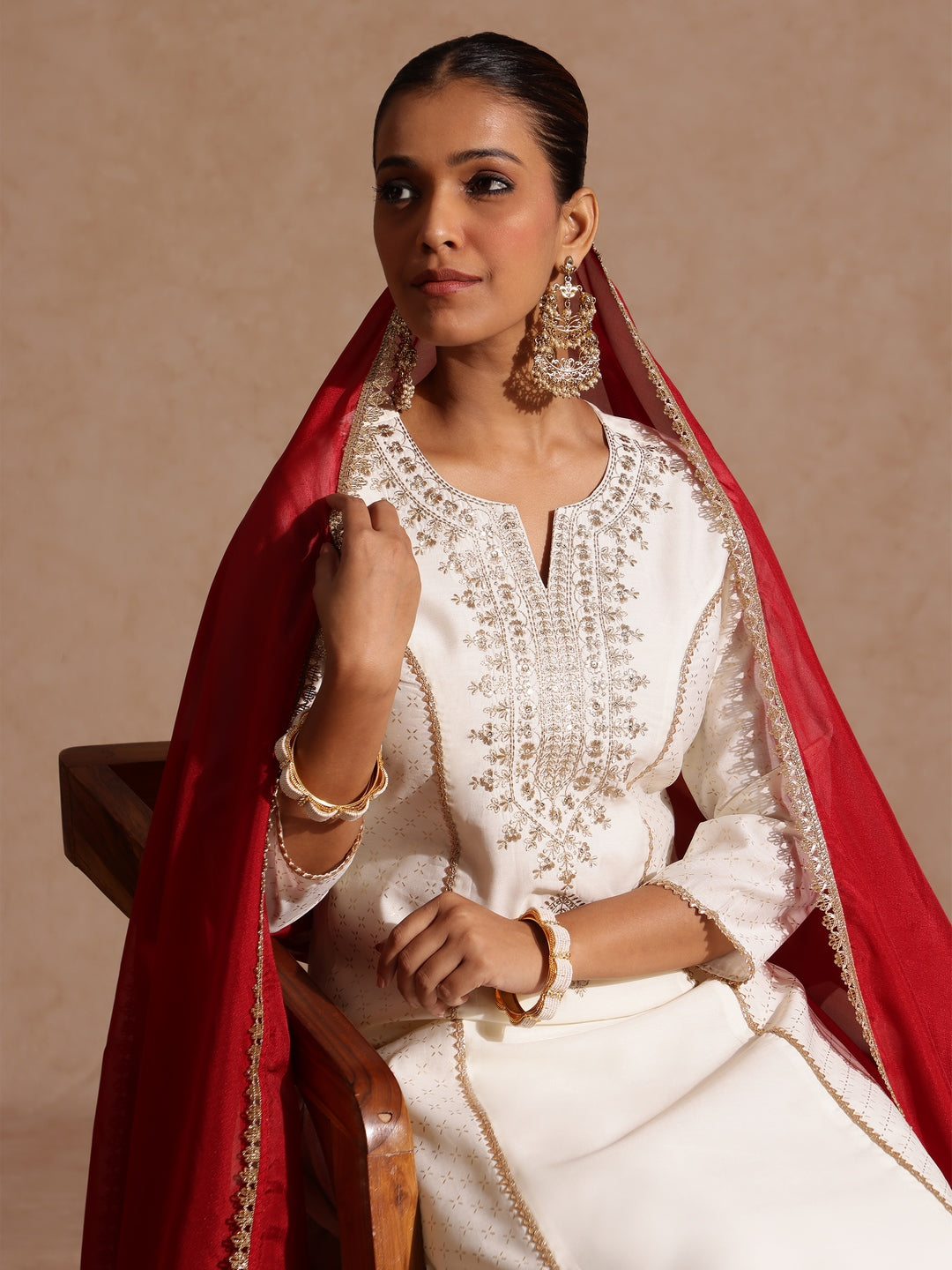 Naari By Shree Women's Off White Chanderi Silk Zari Embroidered Gold Printed A-line Kurta Set