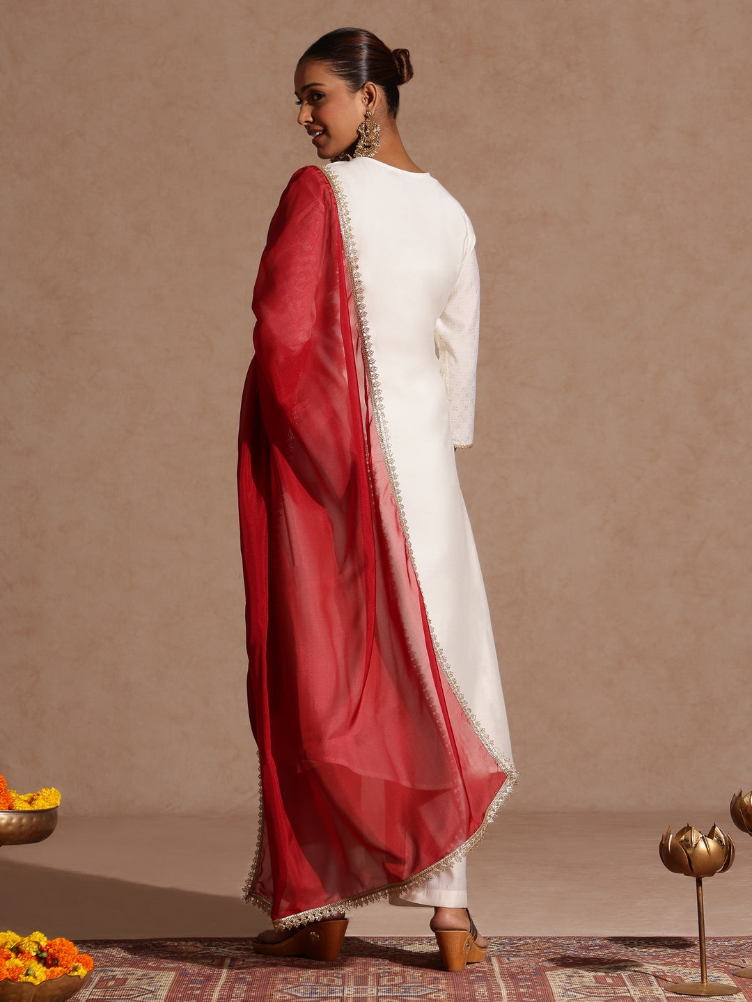 Naari By Shree Women's Off White Chanderi Silk Zari Embroidered Gold Printed A-line Kurta Set