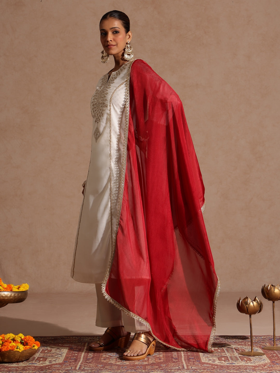 Naari By Shree Women's Off White Chanderi Silk Zari Embroidered Gold Printed A-line Kurta Set