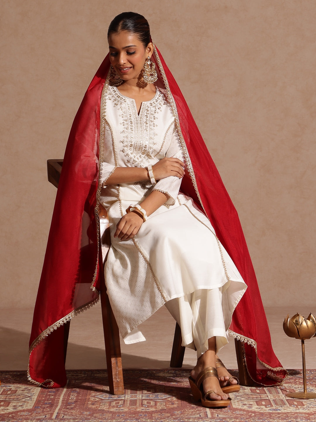 Naari By Shree Women's Off White Chanderi Silk Zari Embroidered Gold Printed A-line Kurta Set