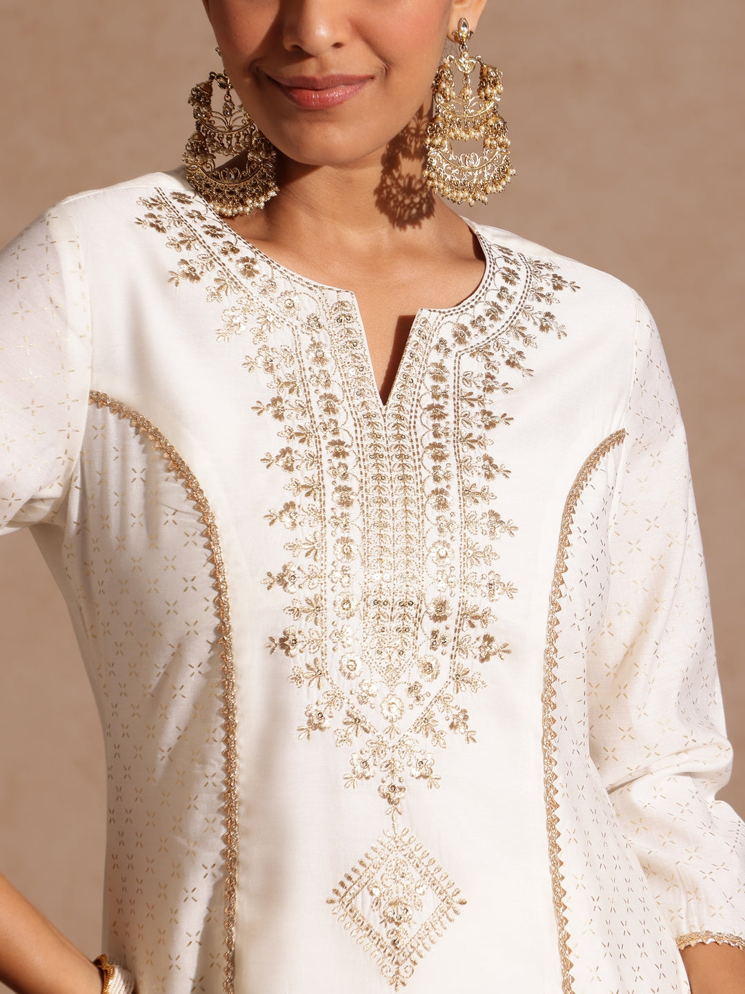 Naari By Shree Women's Off White Chanderi Silk Zari Embroidered Gold Printed A-line Kurta Set