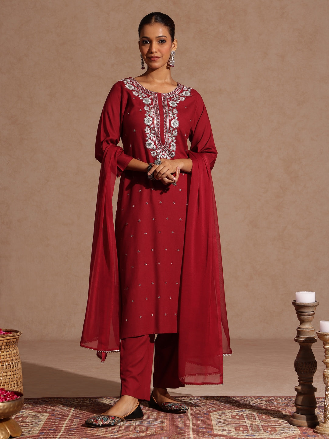 Naari By Shree Women's Maroon Rayon Yoke Embroidered Sequinned Straight Kurta Set With Dupatta