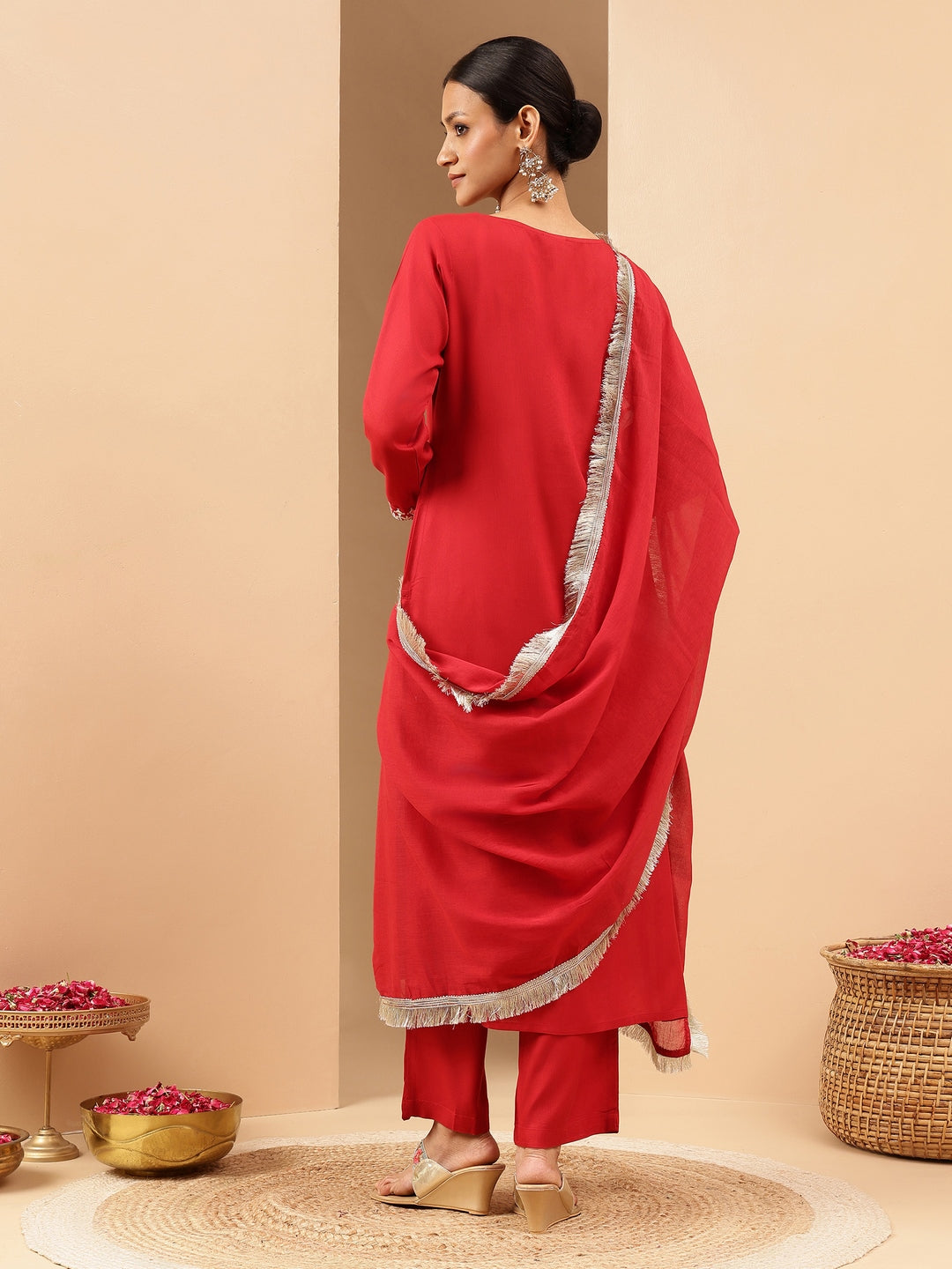 Naari By Shree Women's Maroon Rayon Yoke Embroidered Straight Kurta Set