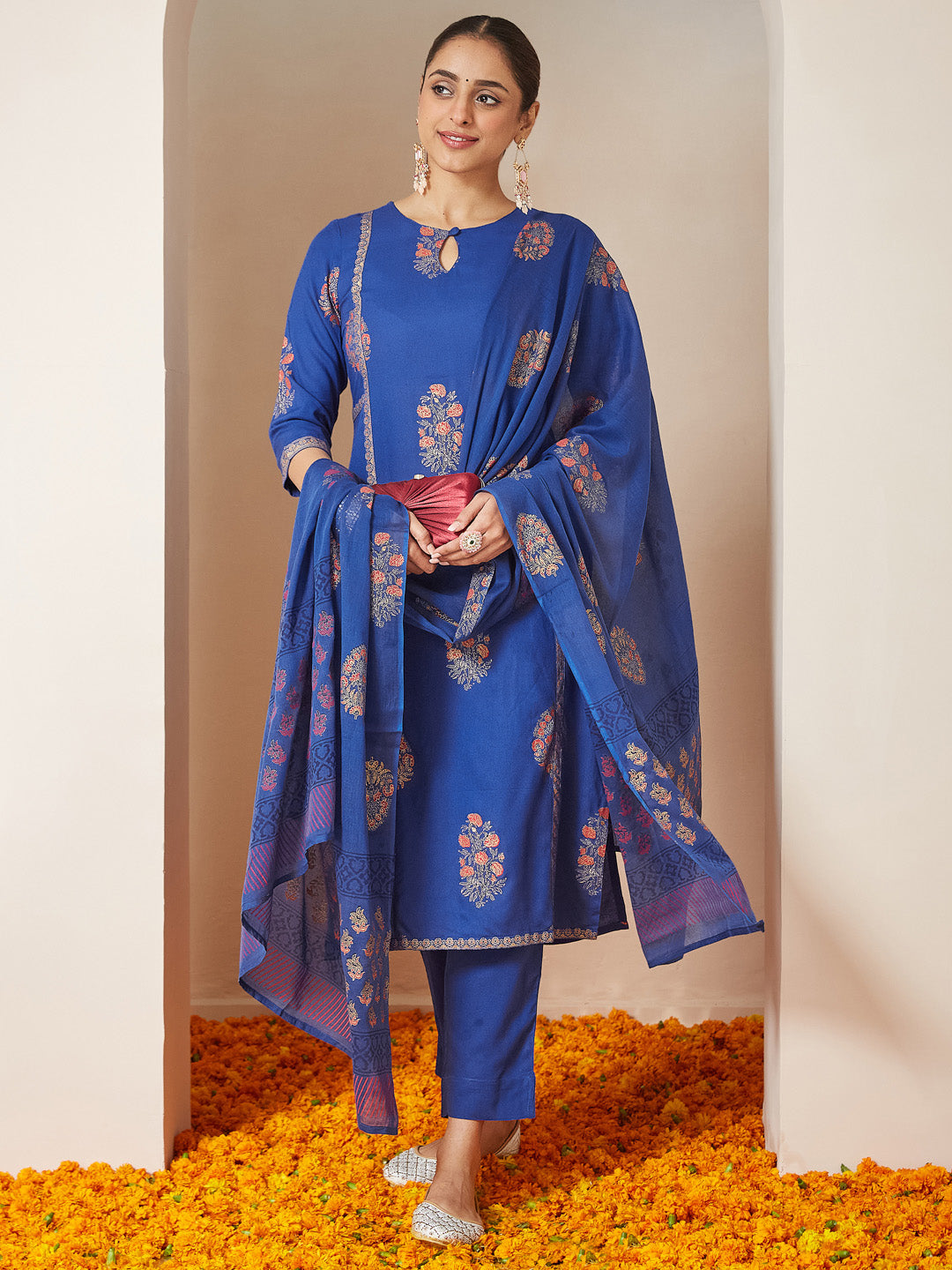 Naari By Shree Women's Royal Blue Rayon Gold Floral Printed Straight Kurta Set