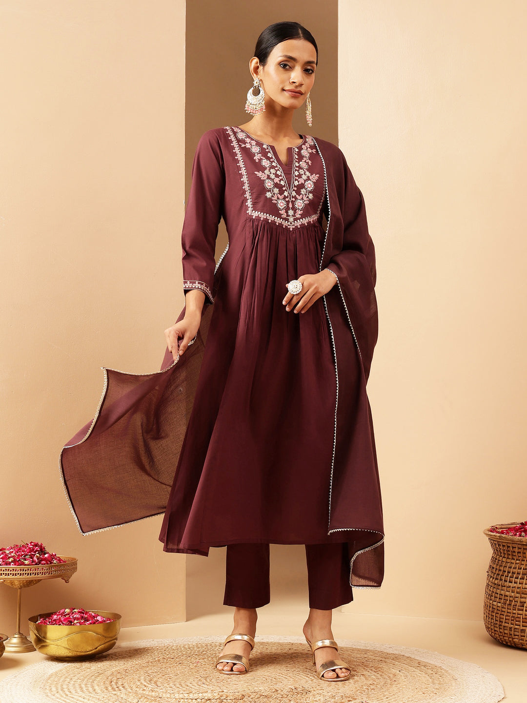 Naari By Shree Women's Bungundy Pure Cotton Yoke Embroidered A-line Kurta Set