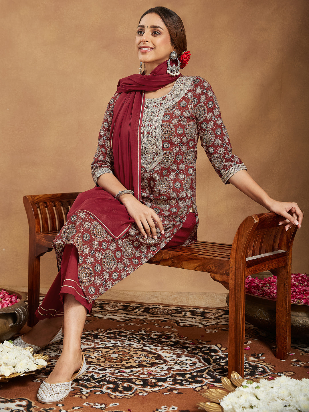 Naari By Shree Women's Maroon Pure Cotton Ethnic Motifs Printed Straight Kurta Set