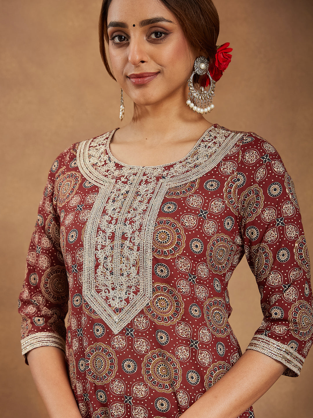 Naari By Shree Women's Maroon Pure Cotton Ethnic Motifs Printed Straight Kurta Set