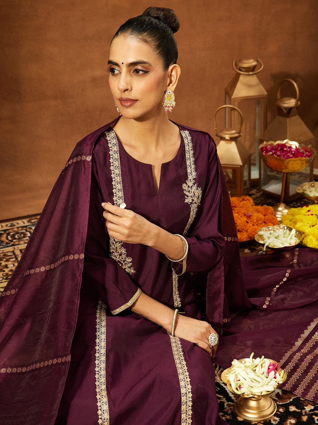 Naari By Shree Women's Wine Chanderi Silk Embroidered Straight Kurta Set