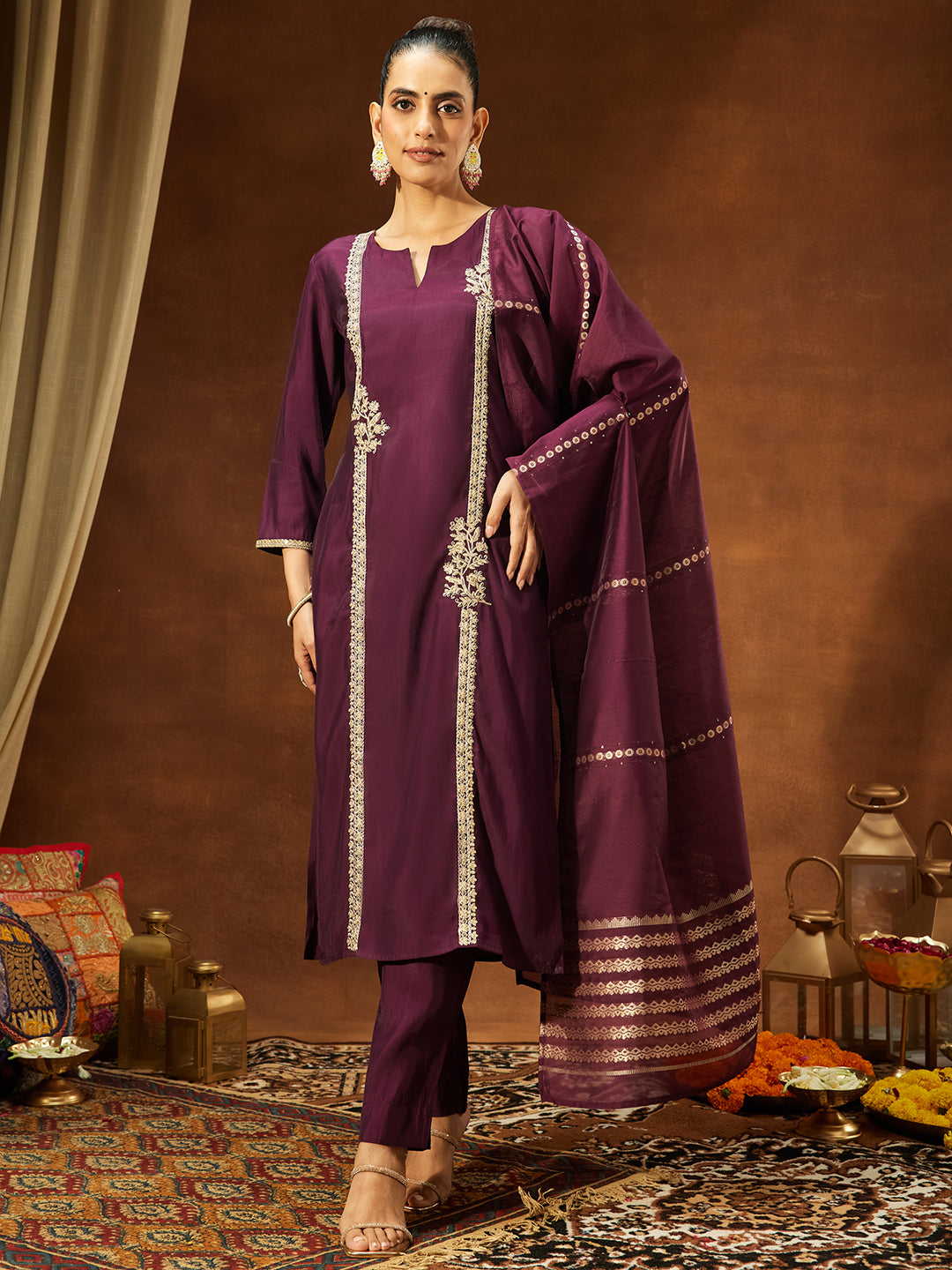 Naari By Shree Women's Wine Chanderi Silk Embroidered Straight Kurta Set