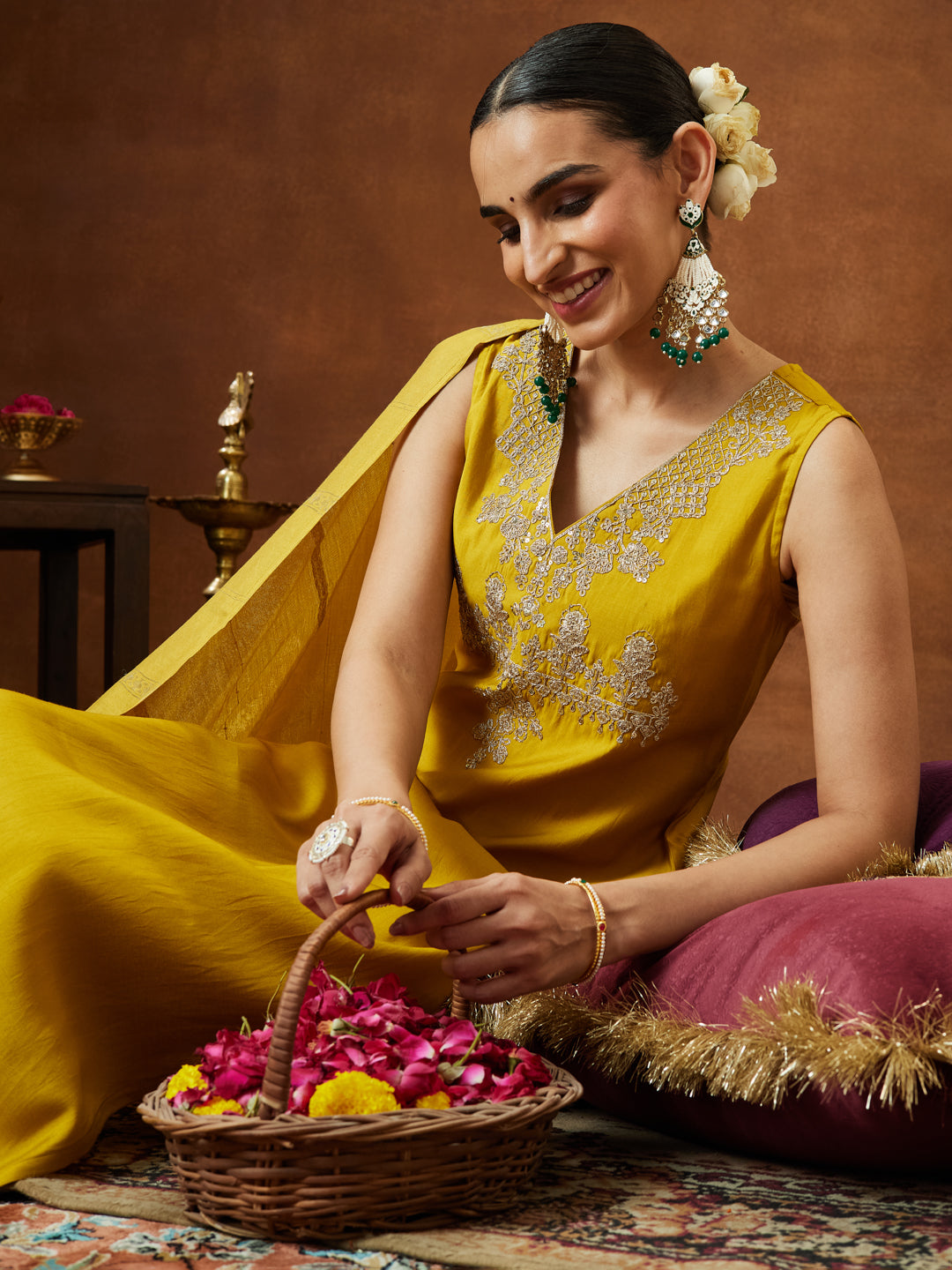 Naari By Shree Women's Mustard Chanderi Silk Zari Embroidered Straight Kurta Pant Set