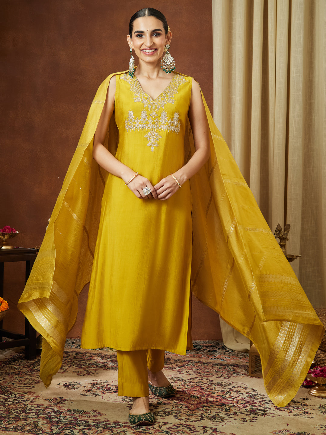 Naari By Shree Women's Mustard Chanderi Silk Zari Embroidered Straight Kurta Pant Set