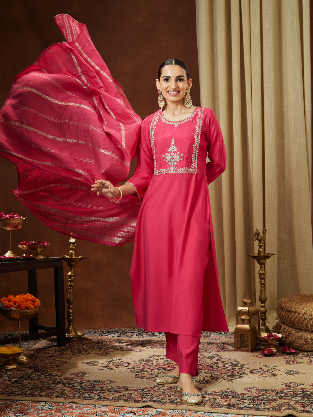 Naari By Shree Women's Pink Chanderi Silk Zari Yoke Embroidered Straight Kurta Set