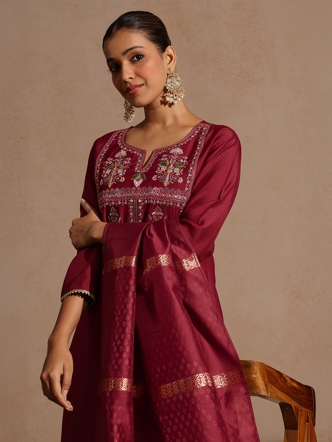 Naari By Shree Women's Maroon Chanderi Silk Yoke Embroidered Straight Kurta Set