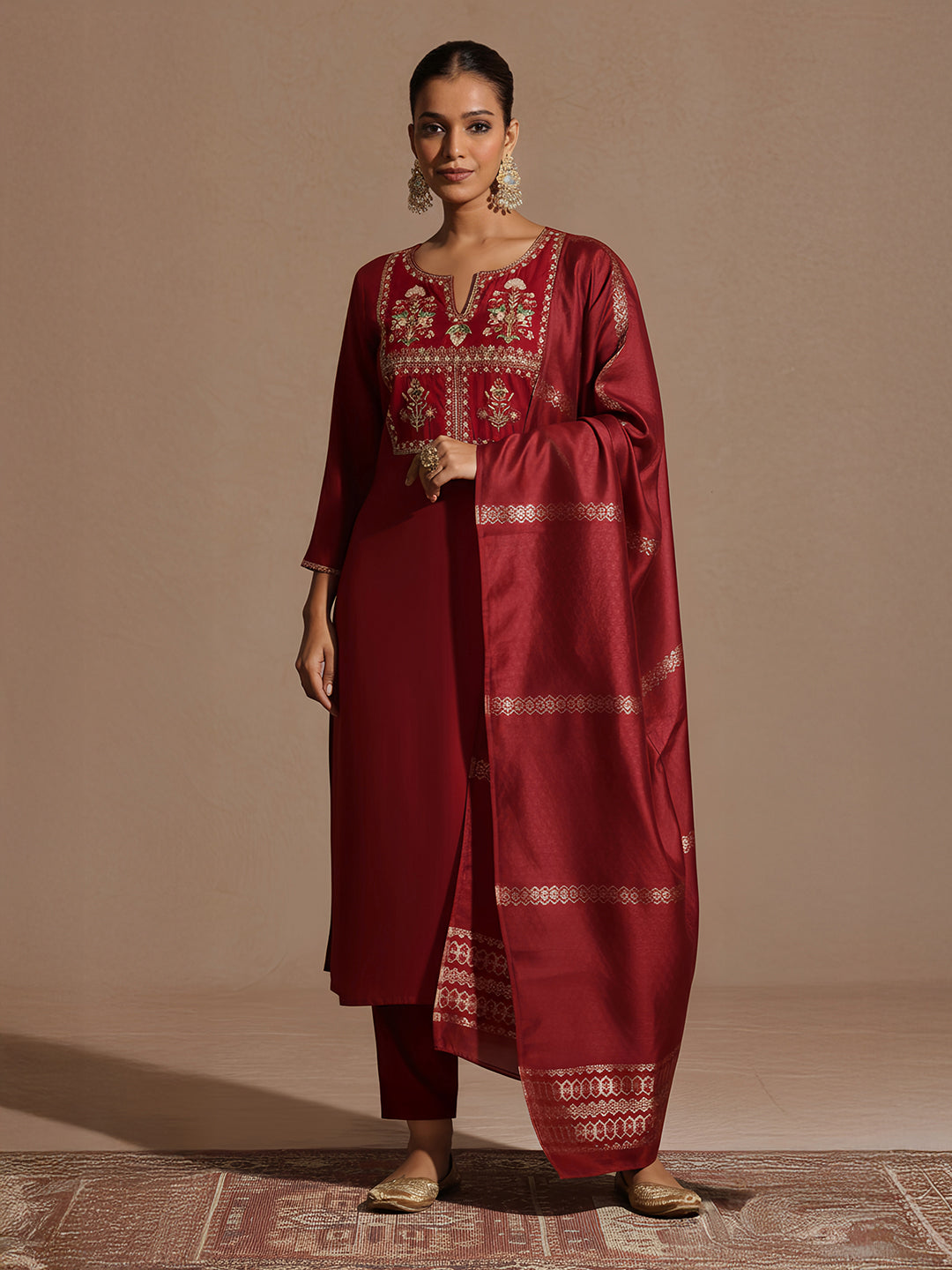 Naari By Shree Women's Maroon Chanderi Silk Yoke Embroidered Straight Kurta Set