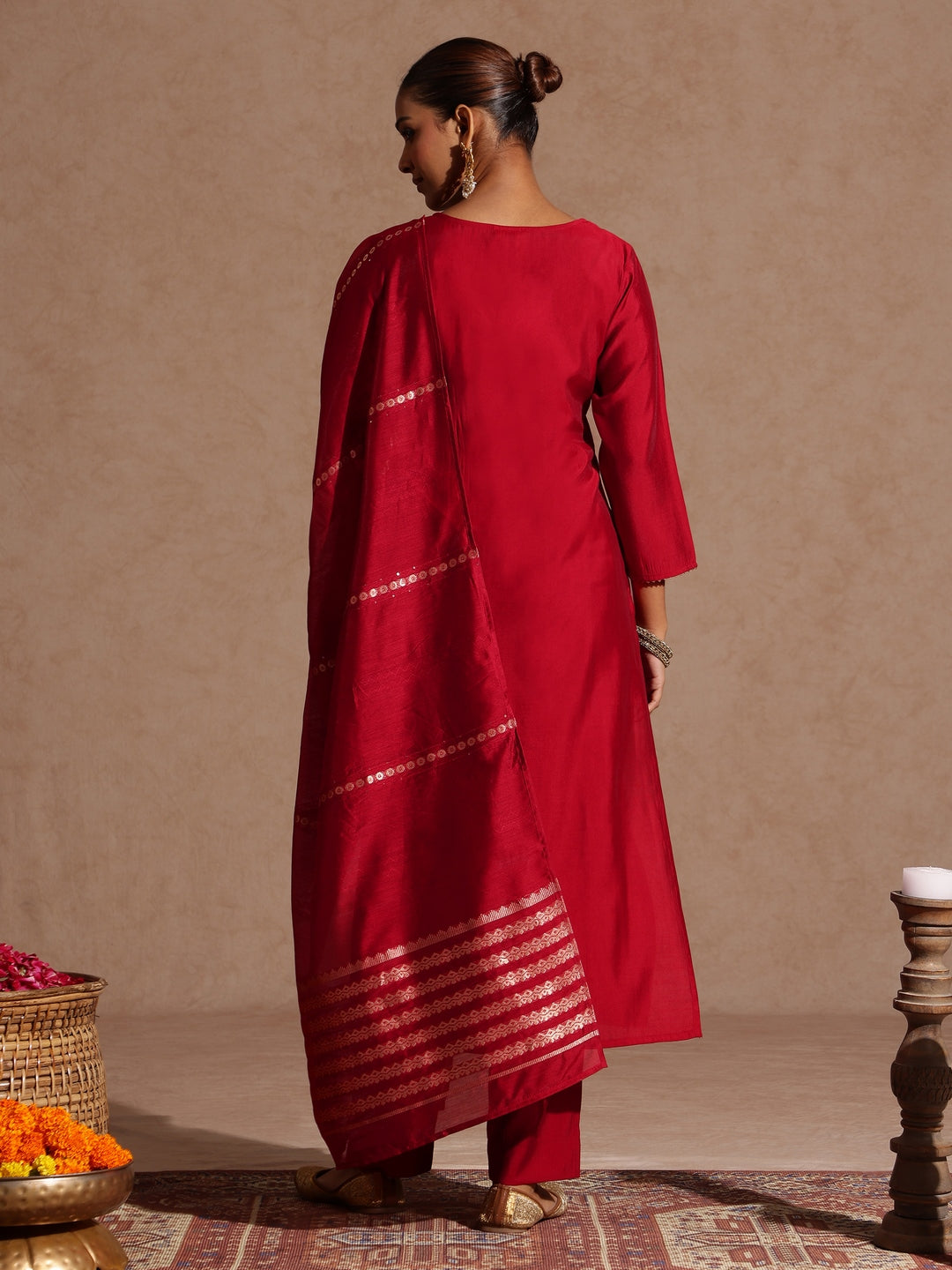 Naari By Shree Women's Maroon Chanderi Silk Zari Yoke Embroidered Straight Kurta Set