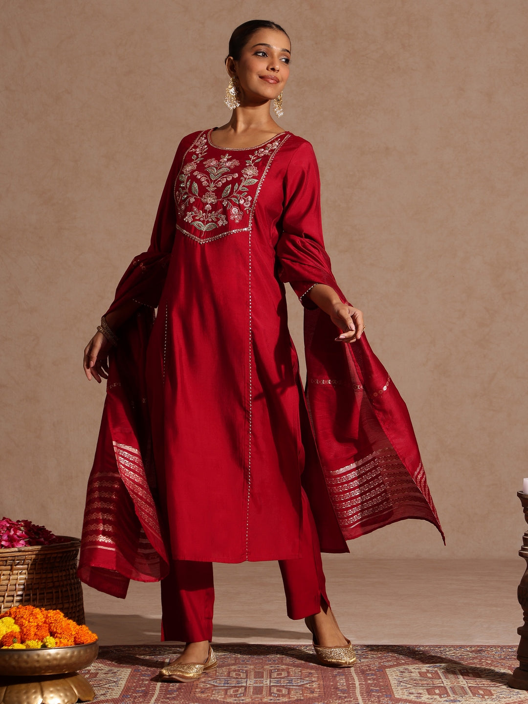 Naari By Shree Women's Maroon Chanderi Silk Zari Yoke Embroidered Straight Kurta Set