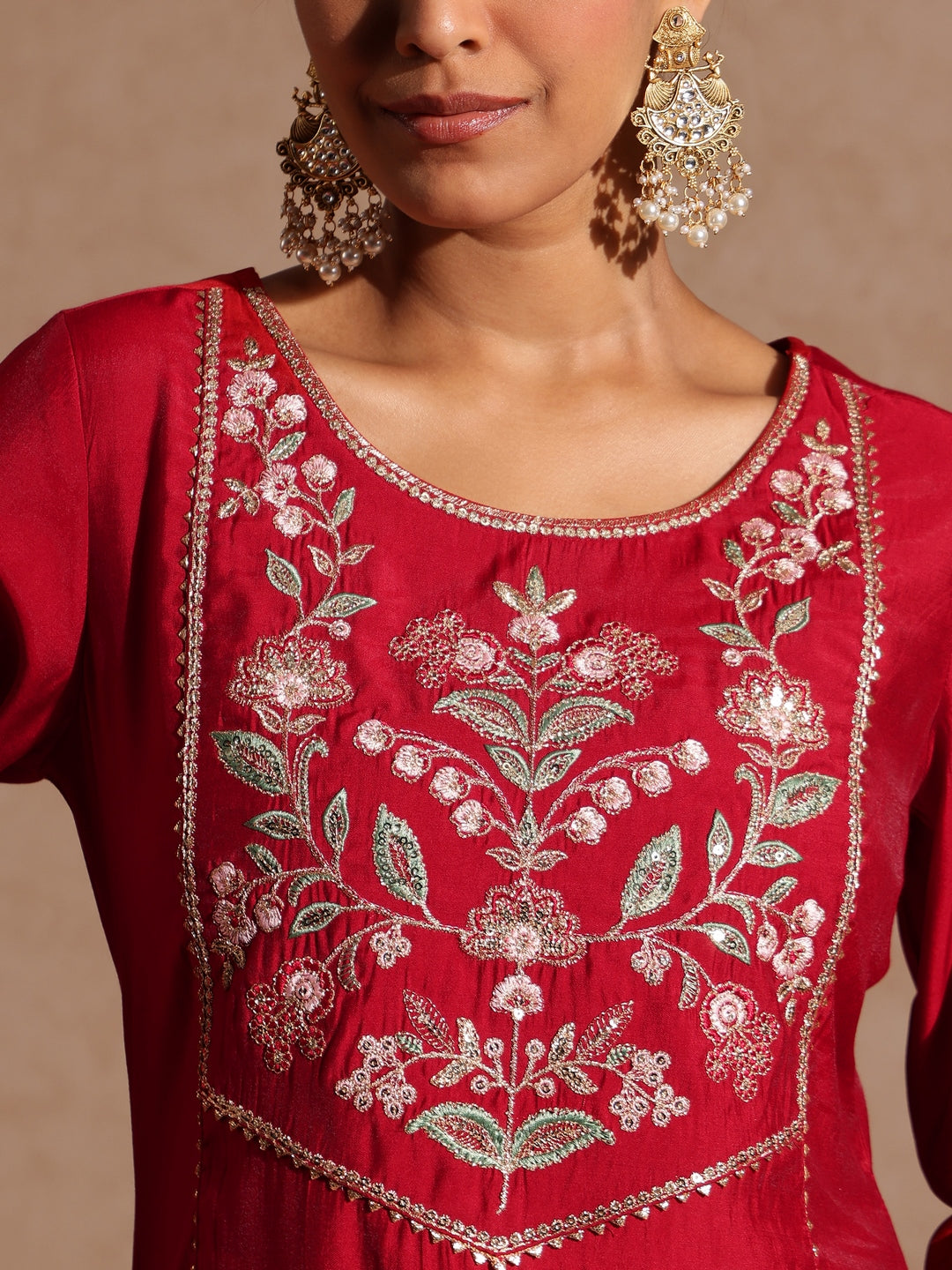 Naari By Shree Women's Maroon Chanderi Silk Zari Yoke Embroidered Straight Kurta Set