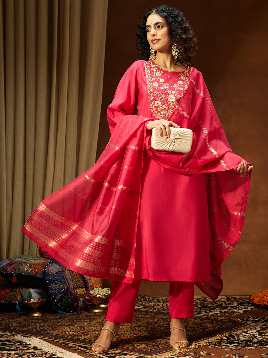 Naari By Shree Women's Pink Chanderi Silk Zari Yoke Embroidered Straight Kurta Set