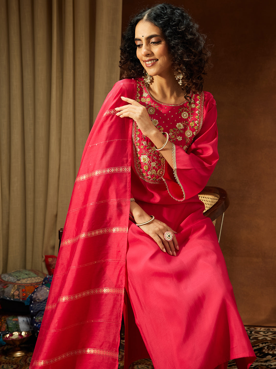 Naari By Shree Women's Pink Chanderi Silk Zari Yoke Embroidered Straight Kurta Set