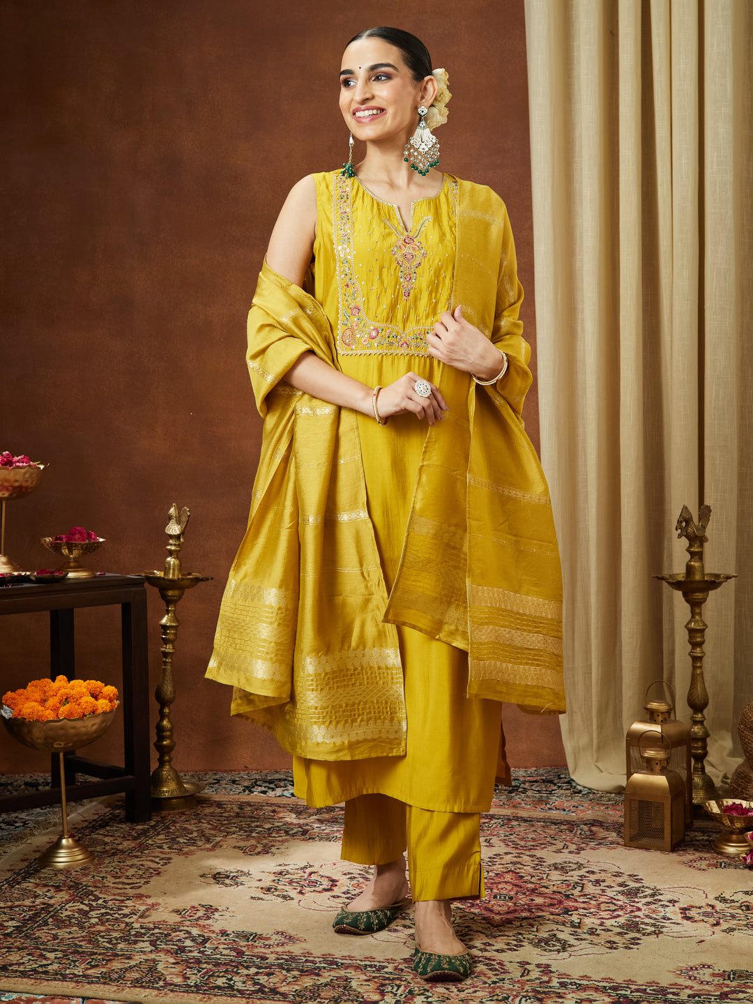Naari By Shree Women's Mustard Chanderi Silk Yoke Embroidered Straight Kurta Set