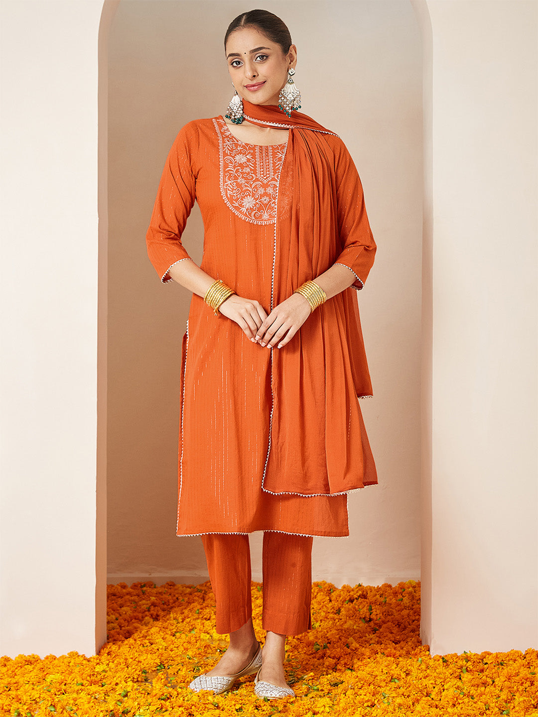 Naari By Shree Women's Orange Pure Cotton Embellished Yoke Design Straight Kurta Set
