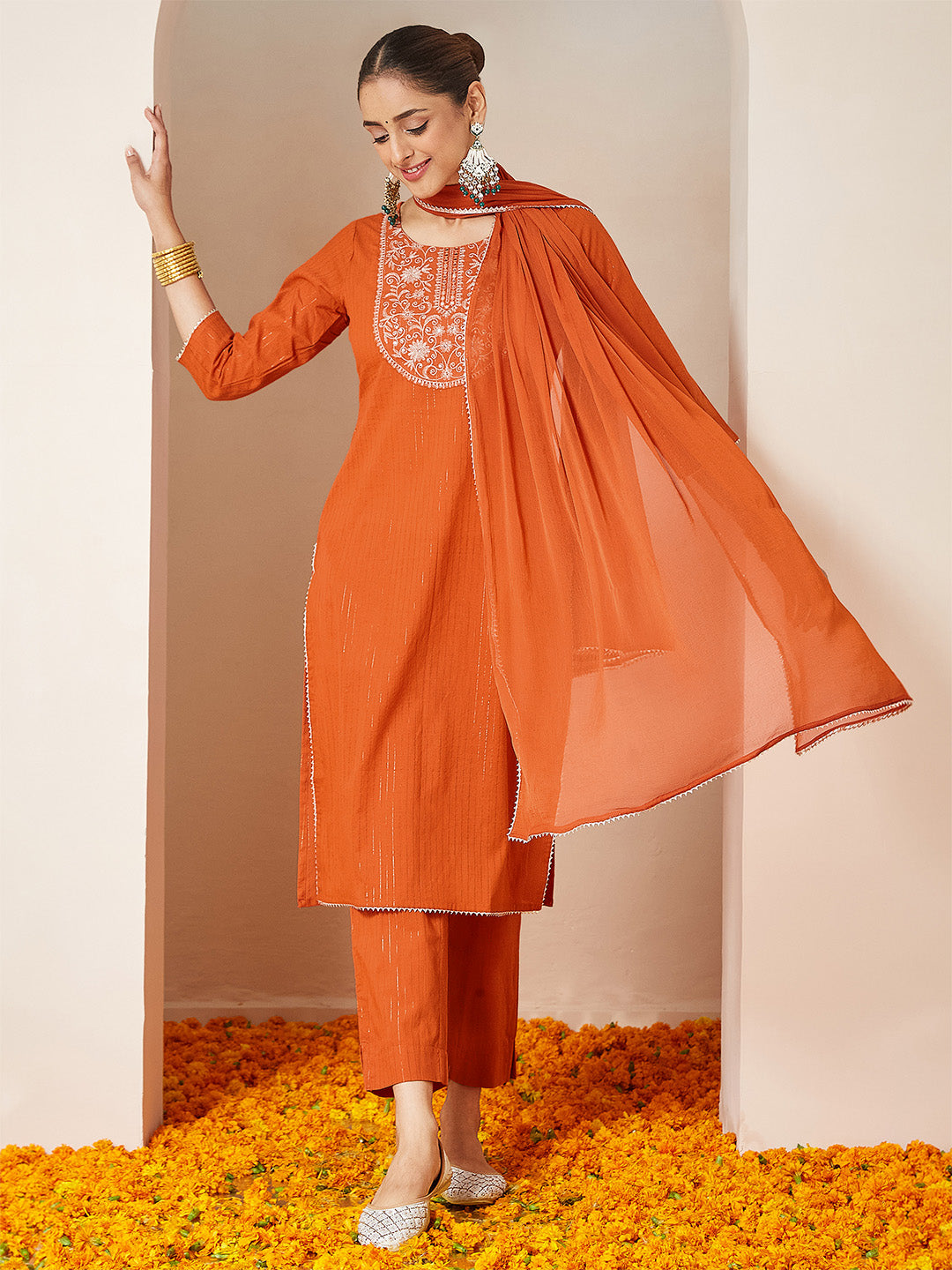 Naari By Shree Women's Orange Pure Cotton Embellished Yoke Design Straight Kurta Set