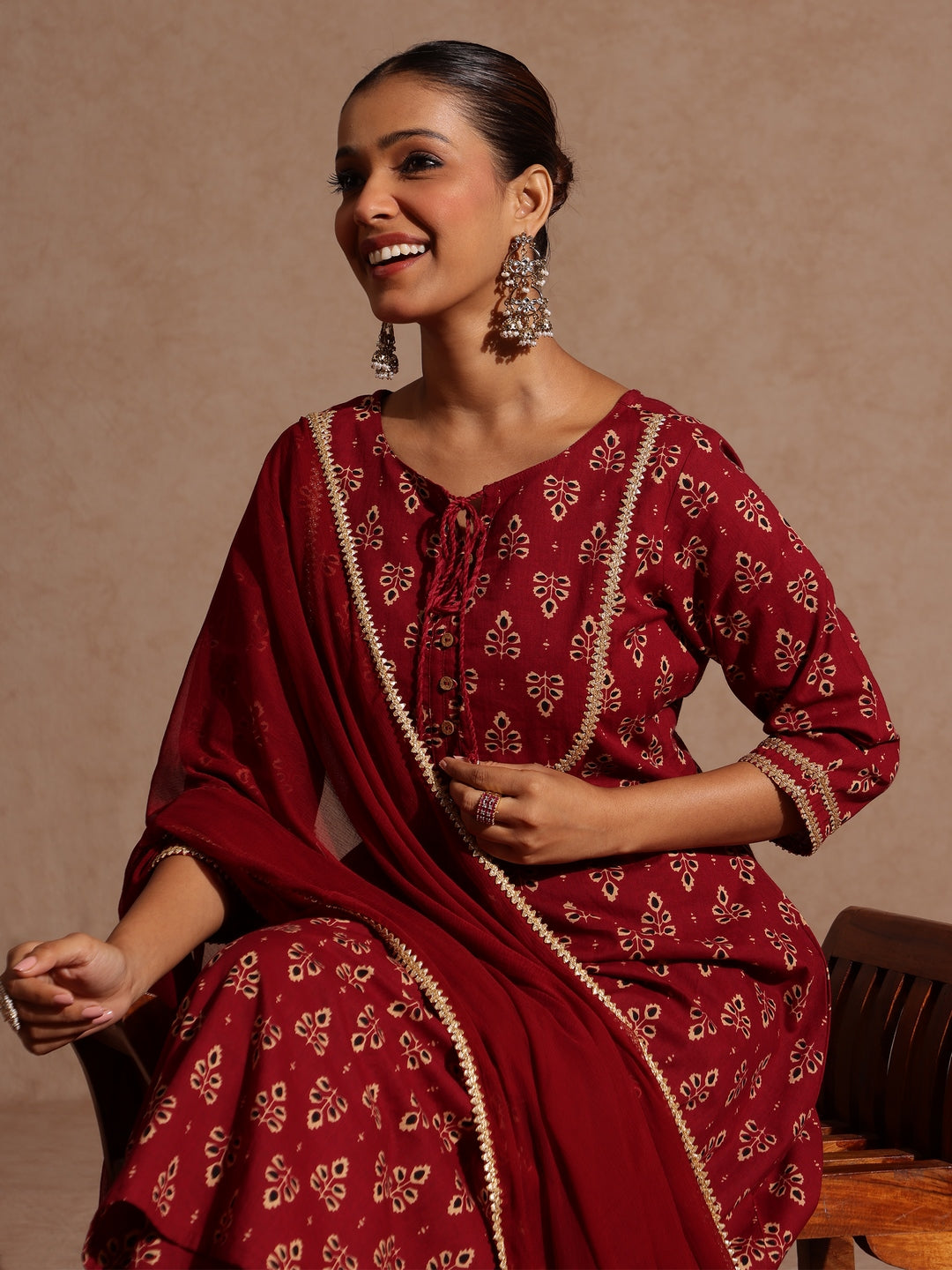 Naari By Shree Women's Maroon Pure Cotton Floral Printed A-line Kurta With Palazzo & Dupatta Set